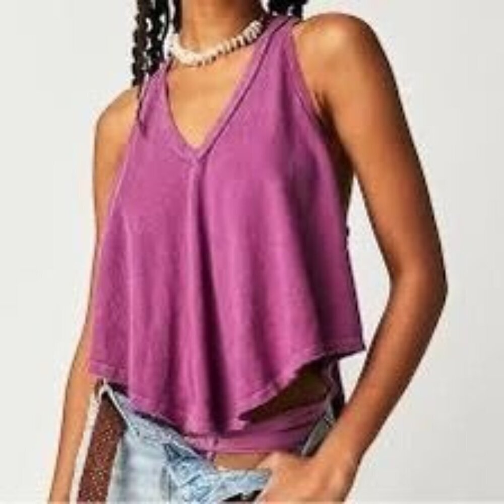 Free People Large L Dahlia Mauve Karri V-Neck Tank Top Blouse V-Neck Racer New